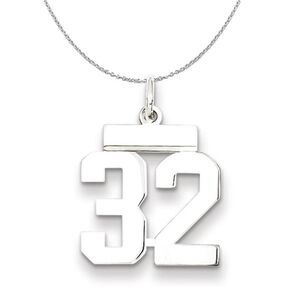 Silver, Athletic Collection Medium Polished Number 32 Necklace - 24 In